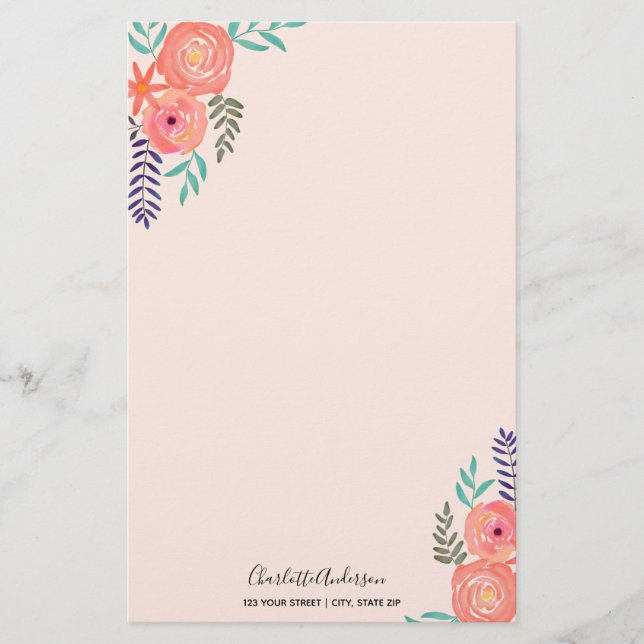 Papeterie Bouquet customisé de fleurs d'aquarelle rose corai (Devant)