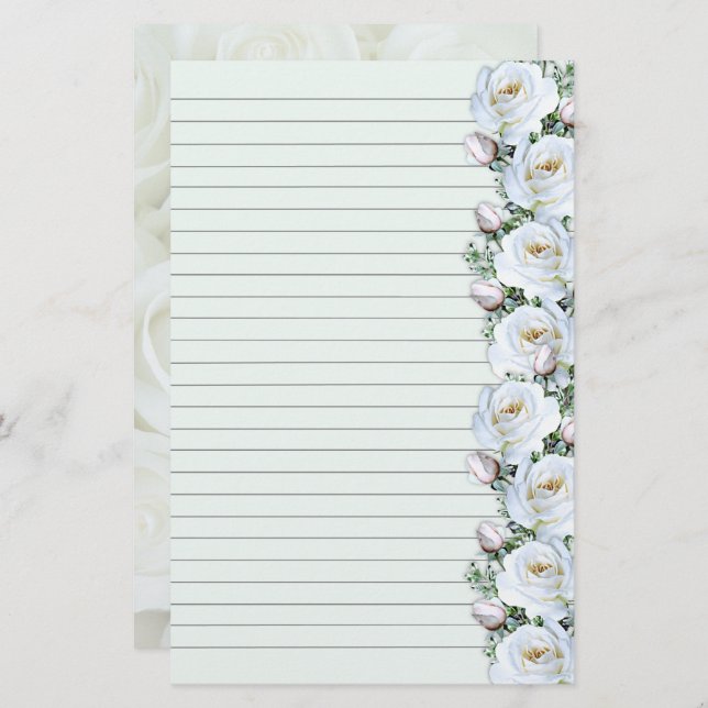 Papeterie Bouquet de Roses Blanches Bordure 3 Papiers (Devant / Derrière)