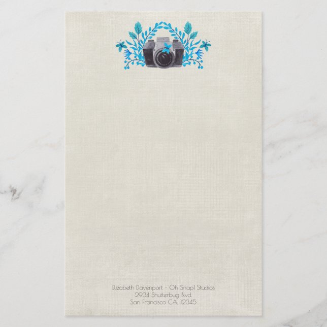 Papeterie Caméra Avec Feuilles Bleus Azur Et Papillons (Devant)