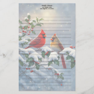 Papeterie Cardinaux rouges et houx dans la neige