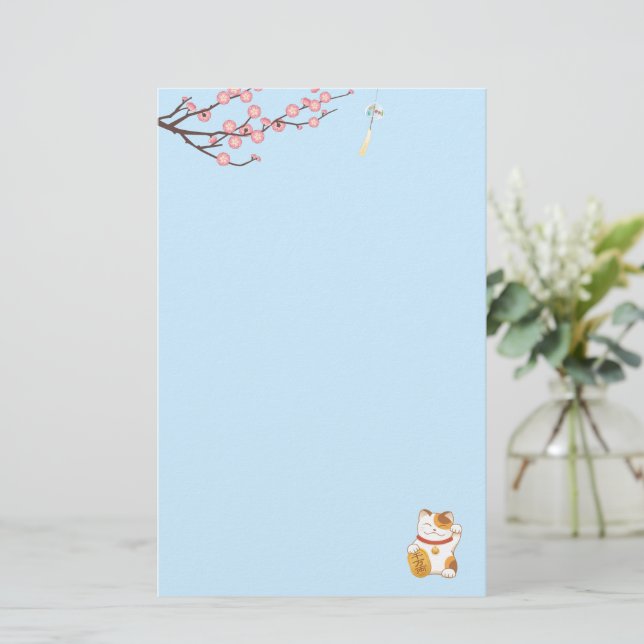Papeterie Chat Calico Lucky Japonais, Maneki Neko Bleu (Debout devant)