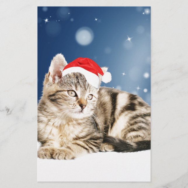 Papeterie Chat mignon portant chapeau de Noël rouge neige (Devant)