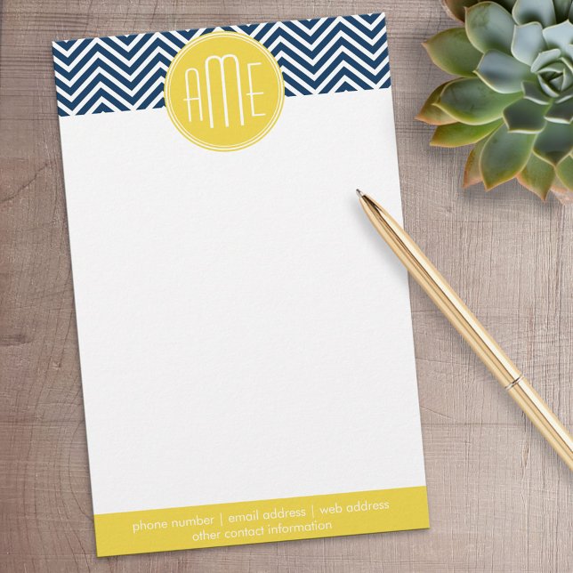 Papeterie Chevrons bleu marine avec Monogramme jaune personn (Personalized Stationery)