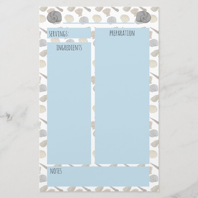 Papeterie Coastal Sea Shells Recette Pages Classeurs (Devant)