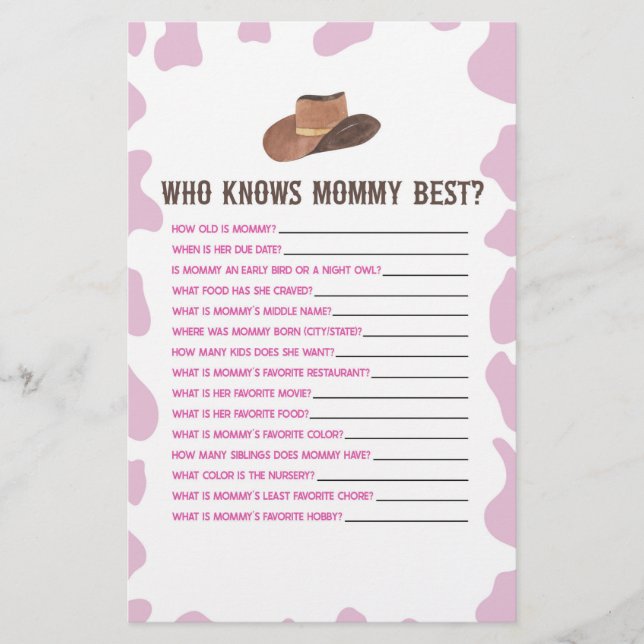 Papeterie Cowgirl Rodeo Qui Connaît Mommy Baby shower Jeu (Devant)
