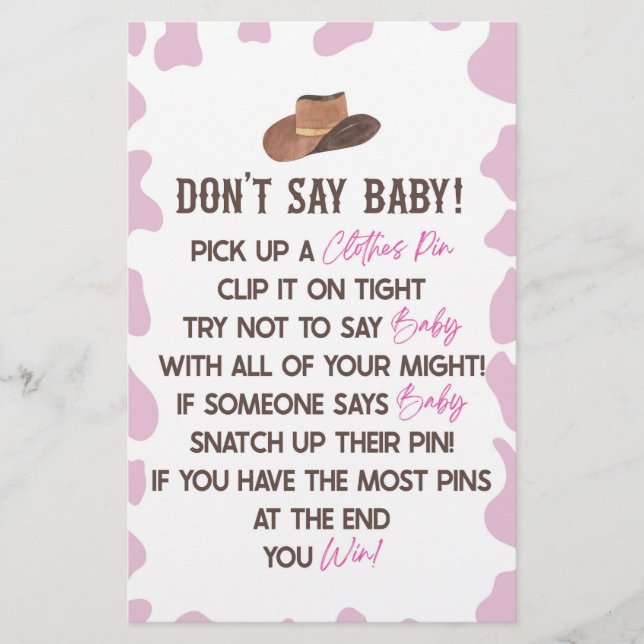 Papeterie Cowgirl Rodeo Western ne pas dire Baby shower jeu (Devant)