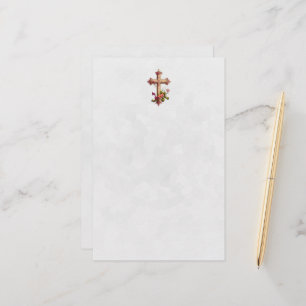 Papeterie Croix en bois élégante aux fleurs roses