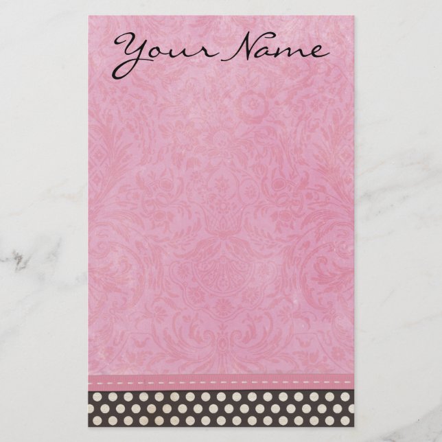 Papeterie Damassé rose personnalisée avec le point de polka (Devant)