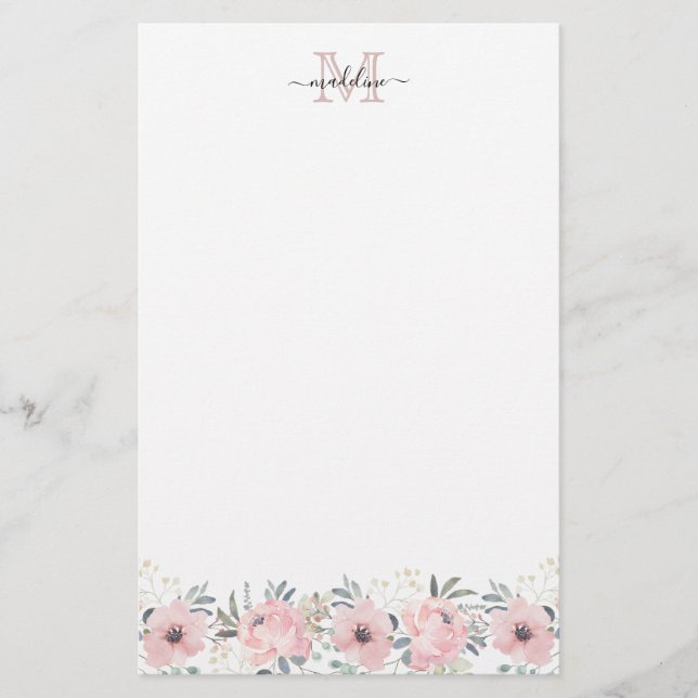 Papeterie Elégant aquarelle Floral Blush Pink Monogramme (Devant)