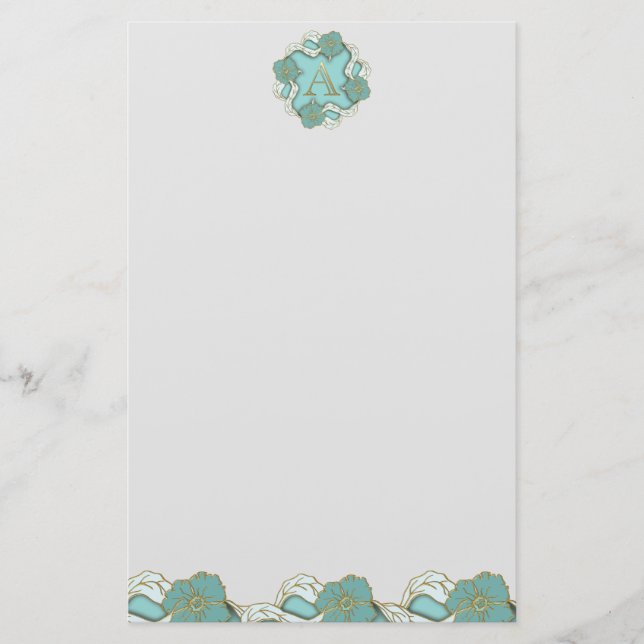 Papeterie Élégant Floral Turquoise or lettre A (Devant)