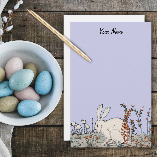 Papeterie Elégant lapin blanc Vintage (White fluffy rabbit sitting on ground surrounded by flowers on light blue stationery.)