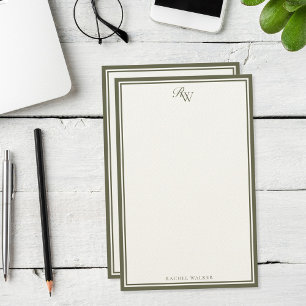 Papeterie Élégant monogramme vert olive avec deux bordures