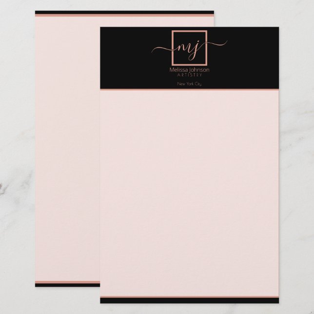 Papeterie Elégant or Rose sur papier à lettres noir (Devant / Derrière)
