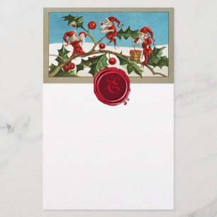 Papeterie ELVES ROUGES DE NOËL, HOLLYBERRIES Monogramme cire