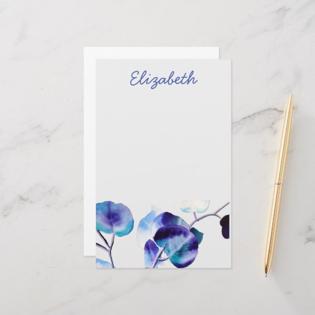 Papeterie Eucalyptus gomme Feuille aquarelle art (Devant/Arrière en situation)