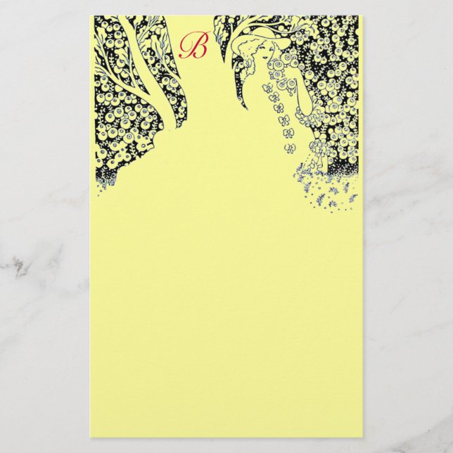 Papeterie FEMME ROMANTIQUE, ROSES, NATURE Jaune noir Monogra (Devant)