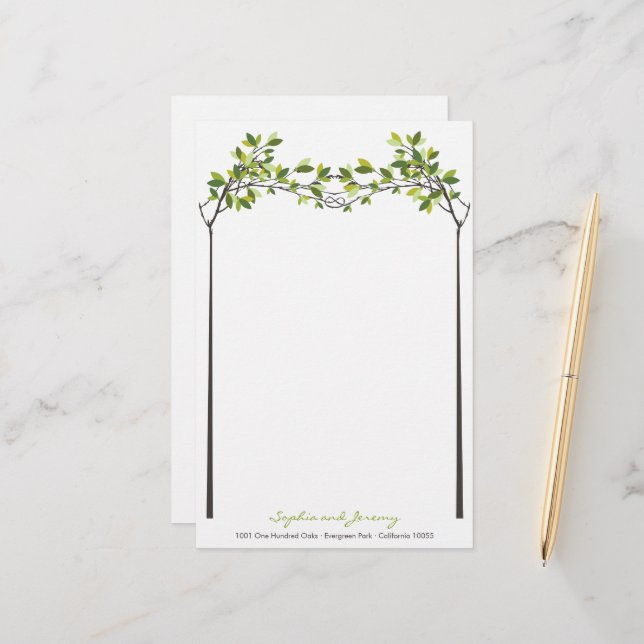 Papeterie Feuille vert noué amoureux arbres Mariage d'été (Devant/Arrière en situation)