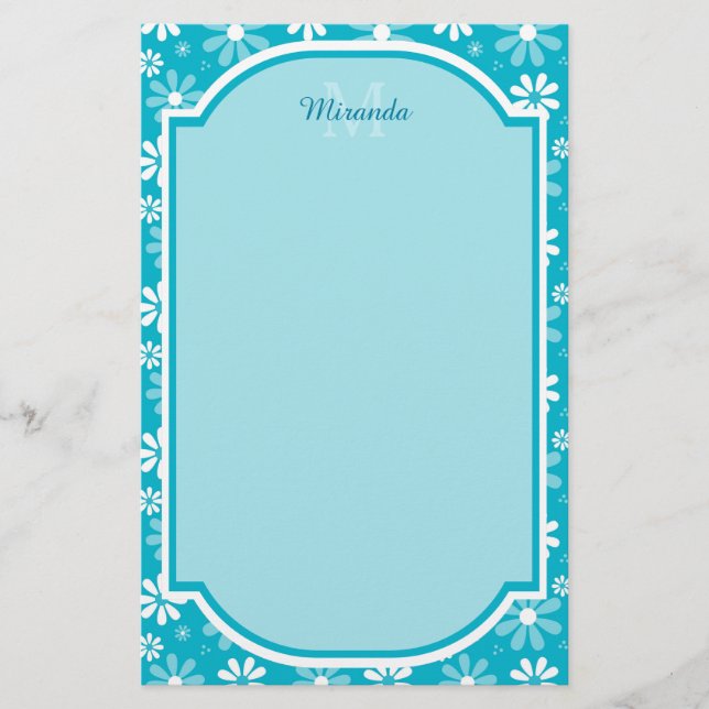 Papeterie Fille Monogramme Turquoise Daisy Fleurs Avec Nom (Devant)