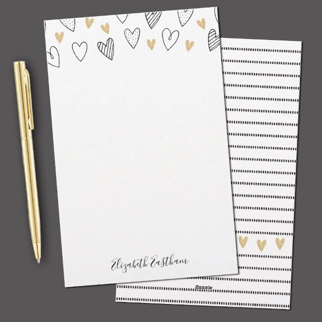 Papeterie Fille Noir Coeur Or Feminine Script (Elegant gold and black hearts and stripes stationery paper. Personalize it with your name.)