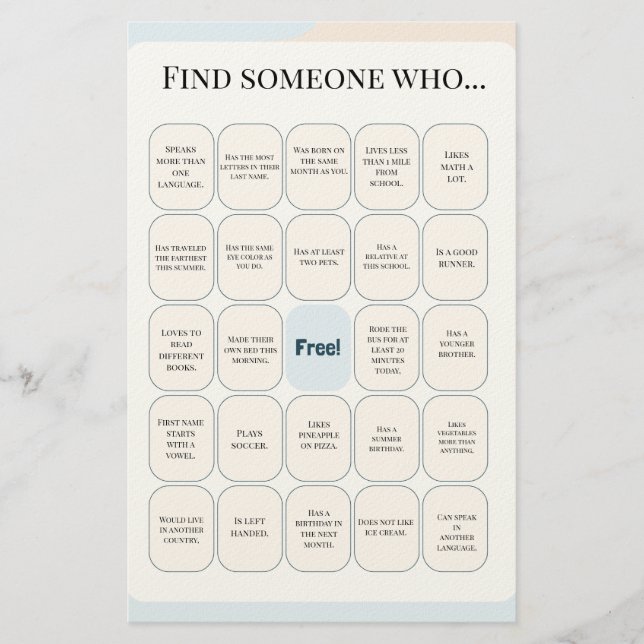 Papeterie Find Someone Who Classroom Bingo Activity (Devant)