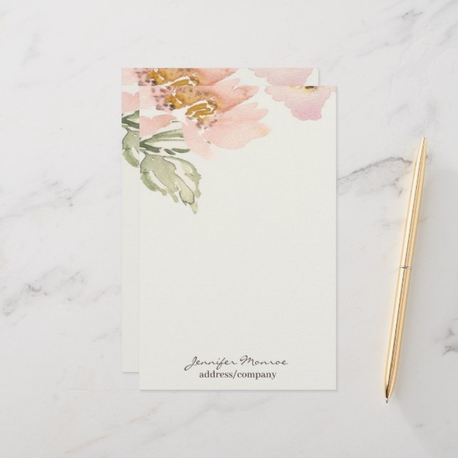 Papeterie Fleur d'aquarelle rose personnalisée (Devant/Arrière en situation)