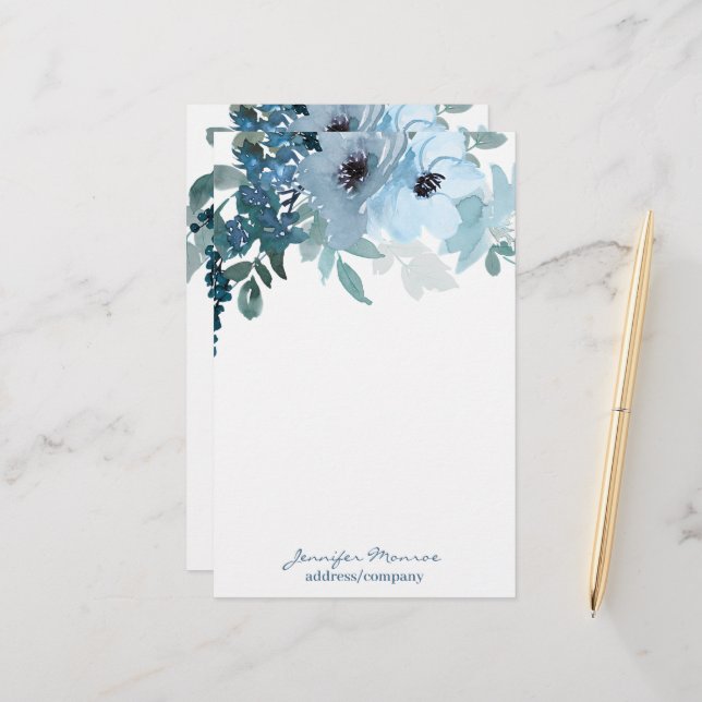 Papeterie Fleurs aquarelles bleues personnalisées (Devant/Arrière en situation)