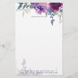 Papeterie Fleurs aquarelles violettes et bleues personnalisé
