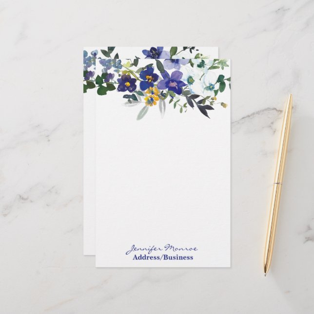 Papeterie Fleurs d'aquarelle bleu et jaune personnalisées (Devant/Arrière en situation)