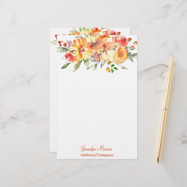 Papeterie Fleurs d'aquarelle orange personnalisées (Devant/Arrière en situation)