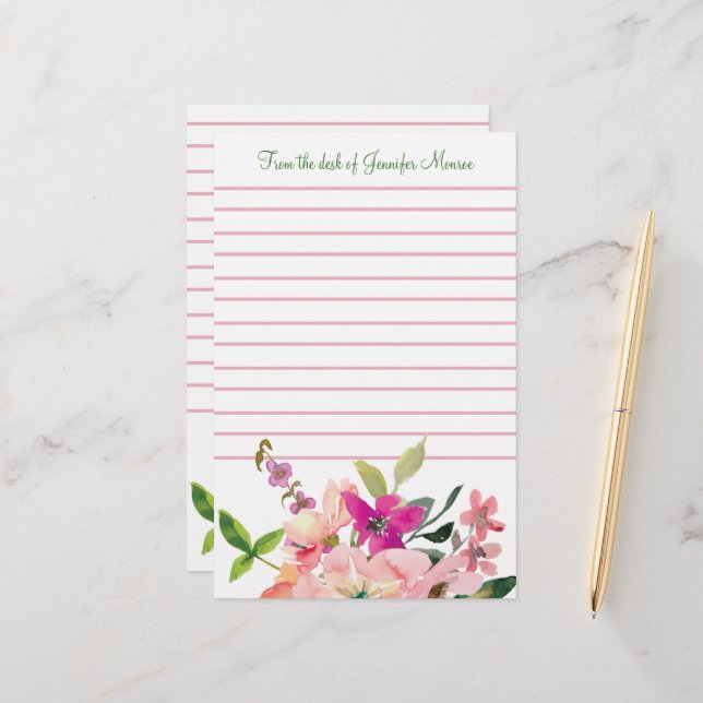 Papeterie Fleurs d'aquarelle rose personnalisées (Devant/Arrière en situation)