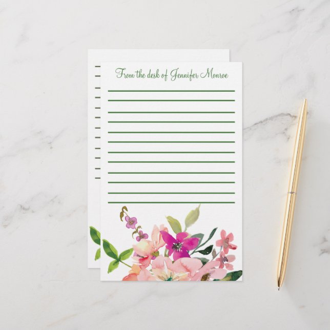 Papeterie Fleurs d'aquarelle rose personnalisées (Devant/Arrière en situation)