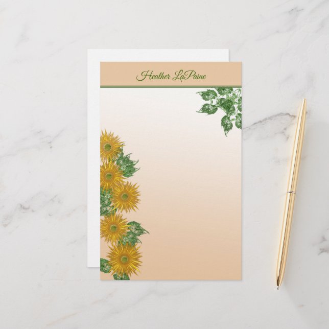 Papeterie Fleurs d'or rustiques, verdure et bordure feuillue (Devant/Arrière en situation)
