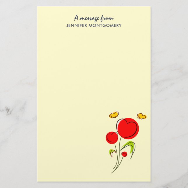 Papeterie Fleurs du Coeur Rouge mignonnes et papillons jaune (Devant)