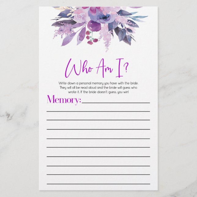 Papeterie Fleurs Florales Violettes Qui Suis-Je Jeu De Fête  (Devant)