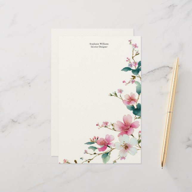 Papeterie Fleurs sauvages roses et blanches personnalisées  (Devant/Arrière en situation)