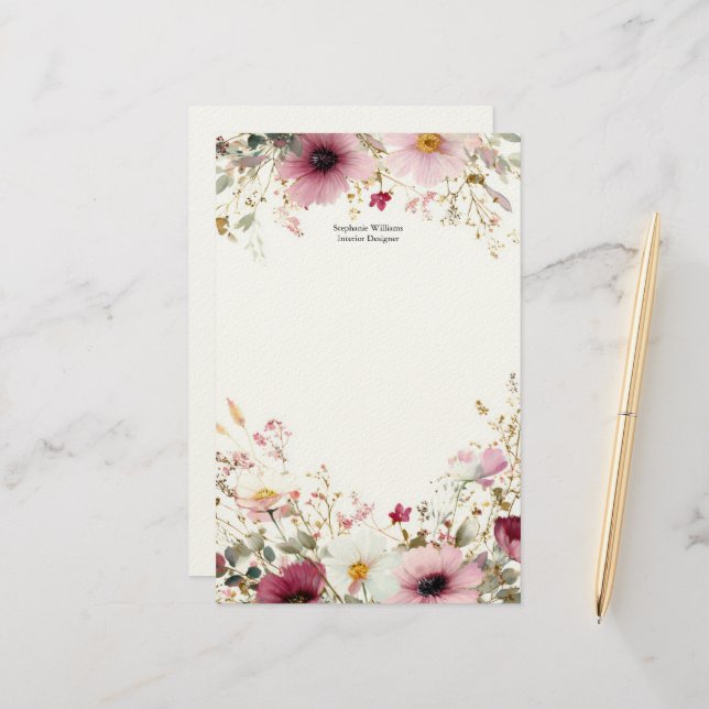 Papeterie Fleurs sauvages roses personnalisées de couleur bo (Devant/Arrière en situation)