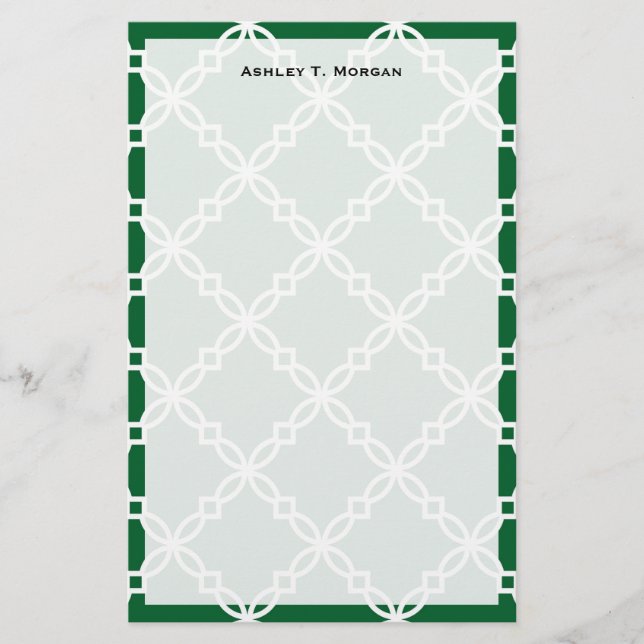 Papeterie Forêt Vert Blanc Grand Motif de Quatrefoil Fantast (Devant)