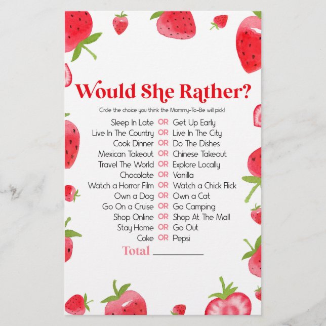 Papeterie Fraise Berry Voudrait-Elle Plaire Baby shower Jeu (Devant)