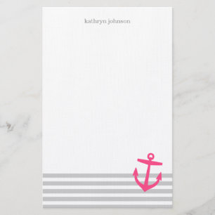 Papeterie Gris et rose rayures nautiques et Ancre mignonne