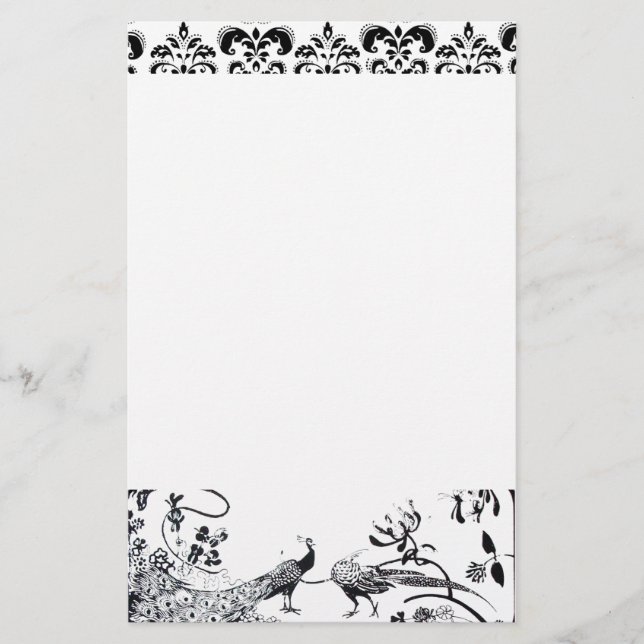 Papeterie INSÉPARABLES mariages noir blanc Peacocks Damask (Devant)
