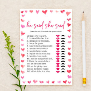 Papeterie Jeu de Baby Shower Mariage Hearts He Said She Said