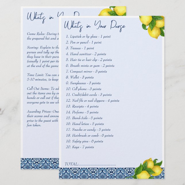 Papeterie Jeux de douche nuptiale Qu'y a-t-il dans votre sac (Devant / Derrière)