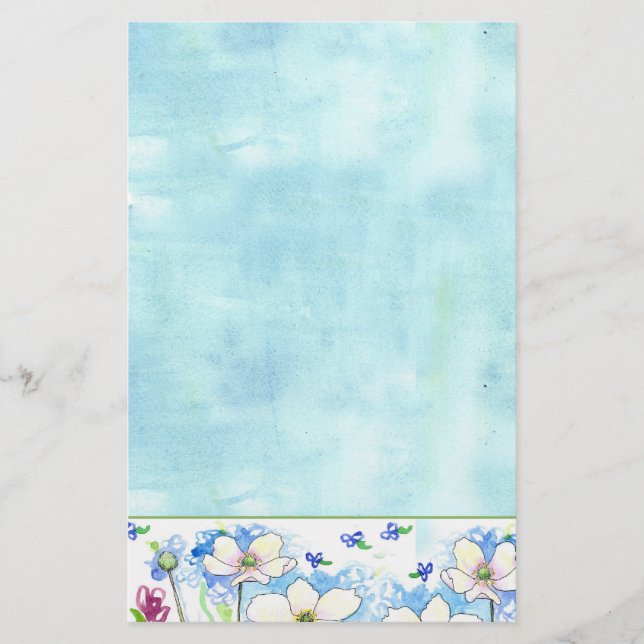 Papeterie Laver blanc Fleur sauvage bleu Aquarelle (Devant)