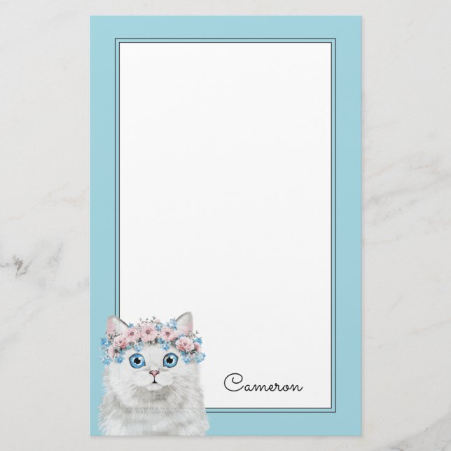 Papeterie Le chat floral blanc doux | ajoutent votre nom (Devant)