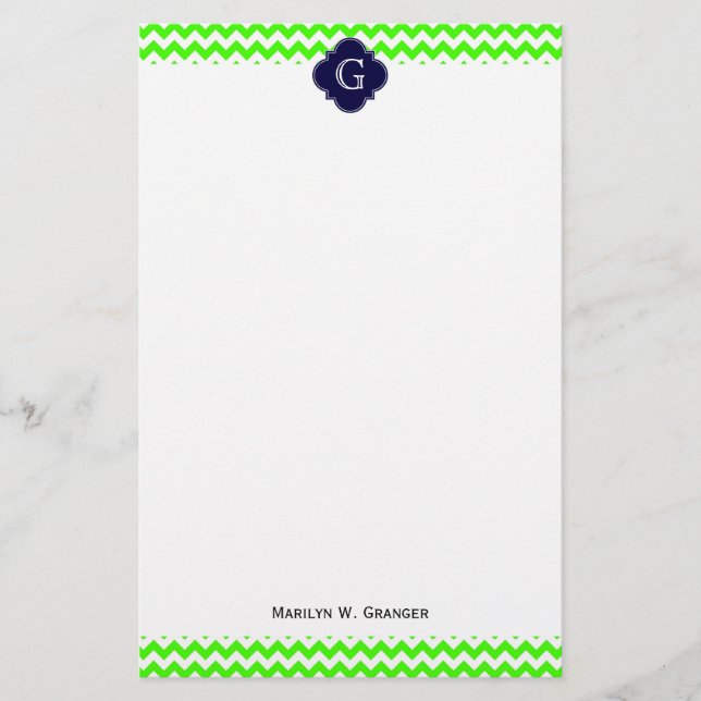 Papeterie Lime Green Chevron Navy Blue Quatrefoil Monogramme (Devant)