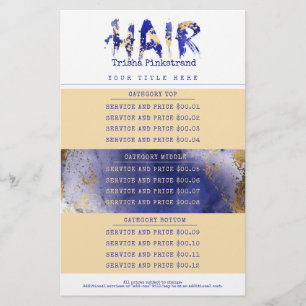 Papeterie Liste de prix du salon de coiffure en or Faux