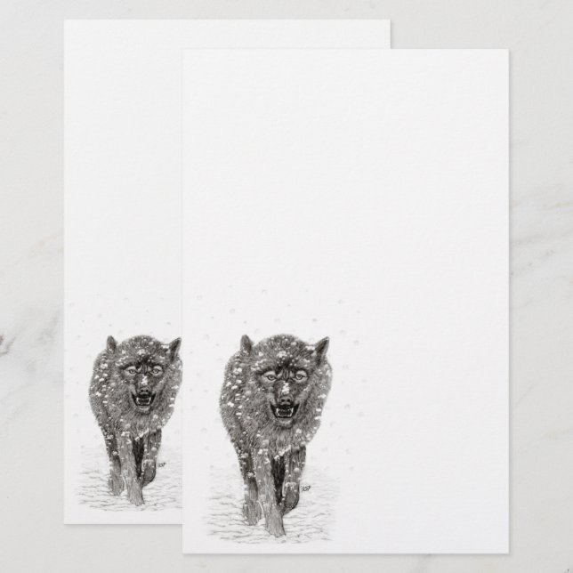 Papeterie Loup noir en colère dans la neige, hiver sauvage (Devant / Derrière)