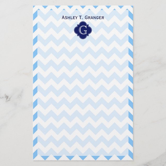 Papeterie Lt Blu Wht Chevron Zigzag Navy Quatrefoil Monogram (Devant)