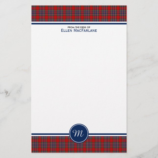 Papeterie MacFarlane Clan Tartan Monogramme rouge et bleu pl (Devant)