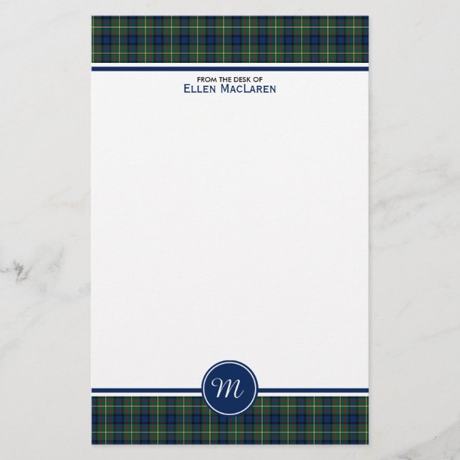 Papeterie MacLaren Clan Tartan Monogramme bleu et vert plaid (Devant)